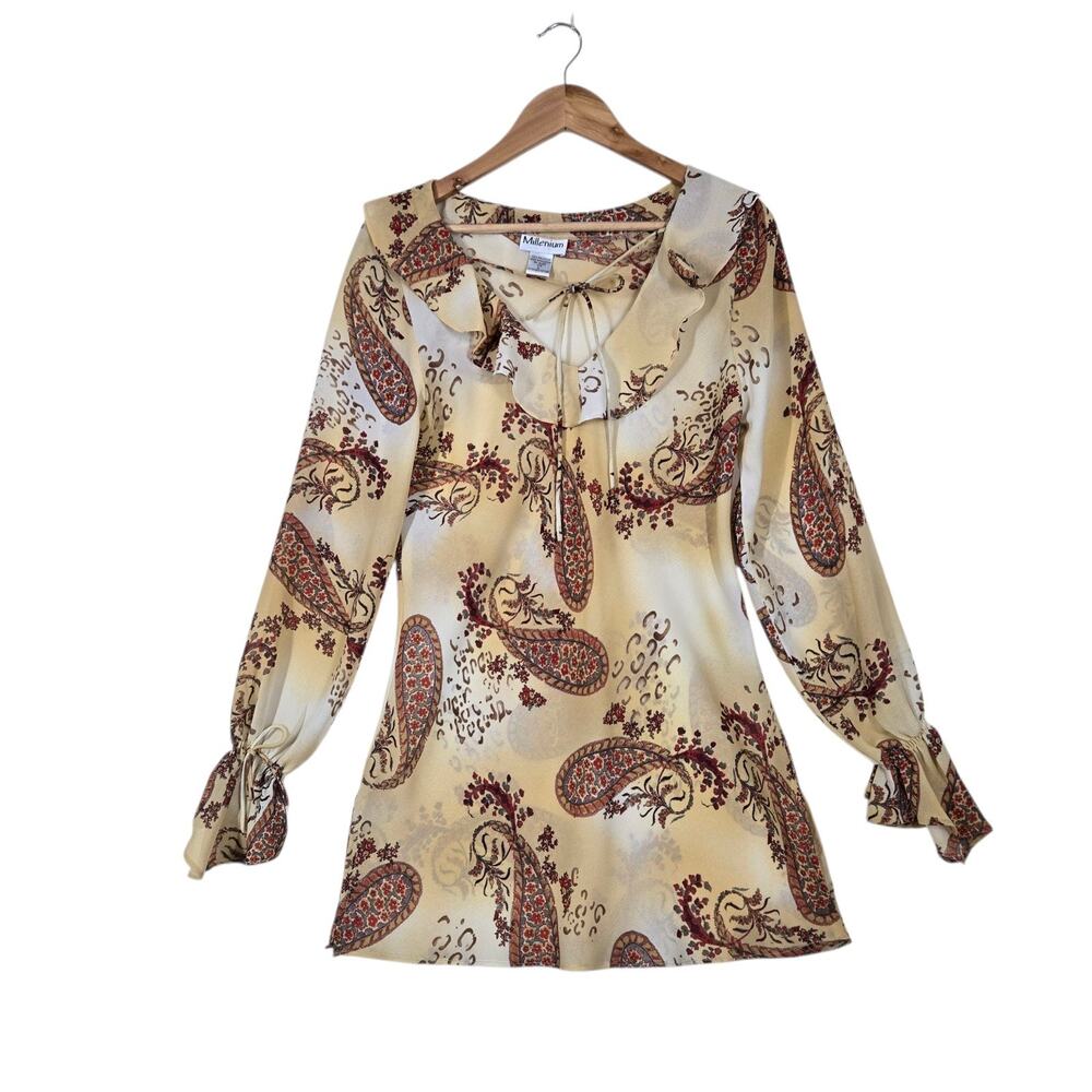 Millenium Blouse L Cream Red Paisley Ruffle Tie Neck Boho Festival Sheer